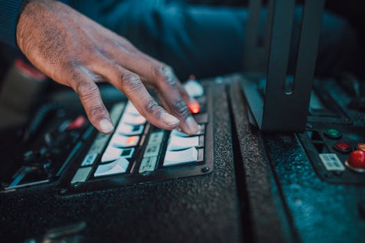 A close-up view of a hand manipulating switches on a control panel, showcasing technology interaction.